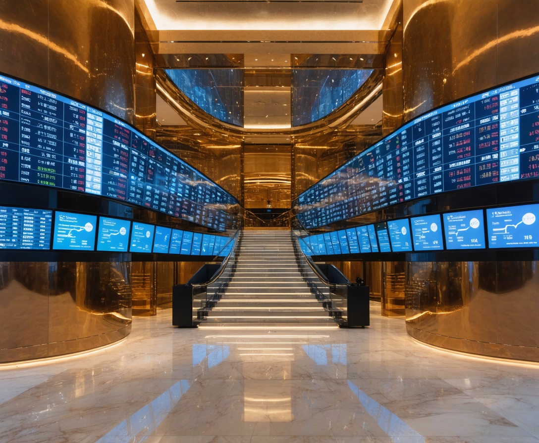 Luxury banking hall with digital data screens