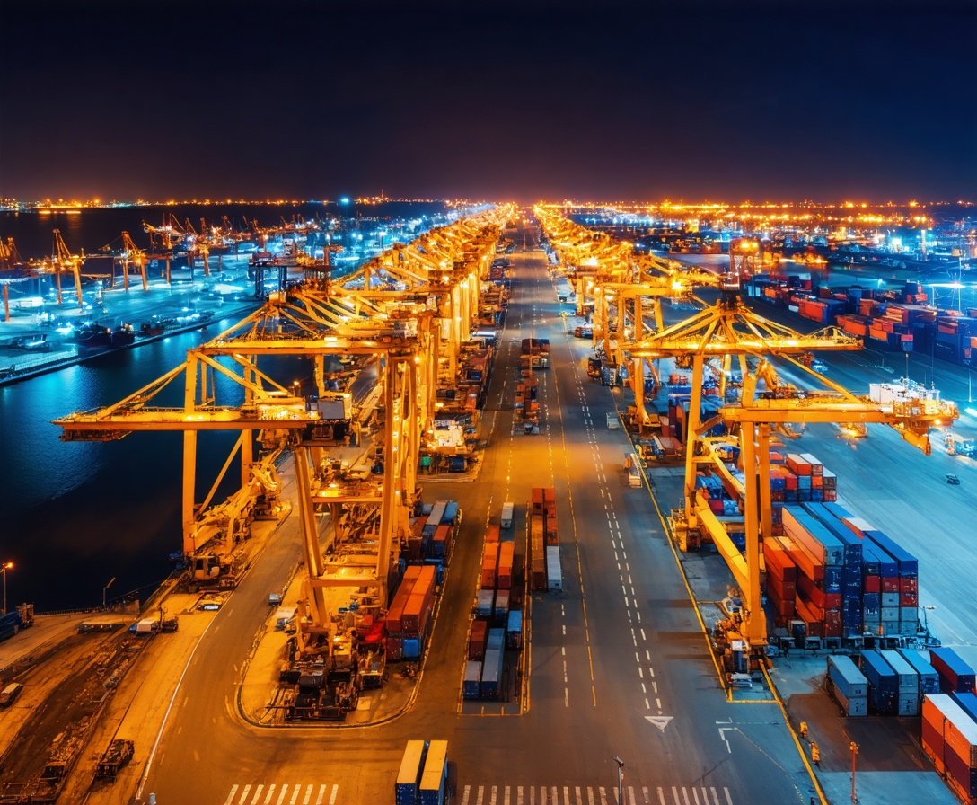 Automated shipping port at night