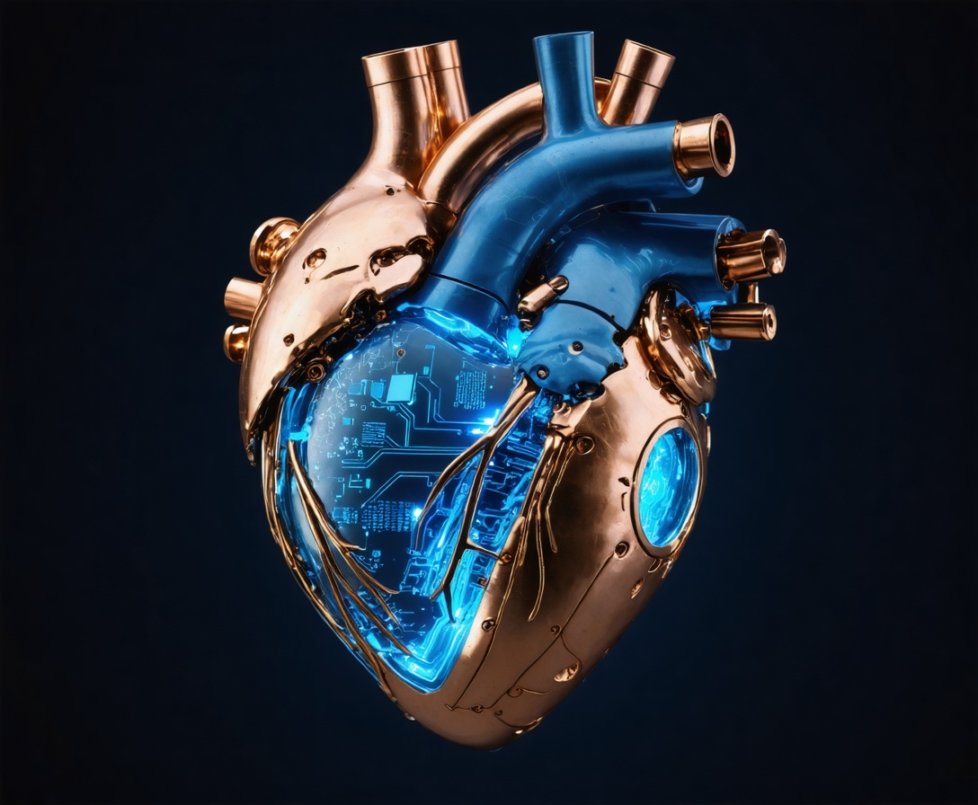 A futuristic high-tech mechanical heart glowing with copper and fiber optics