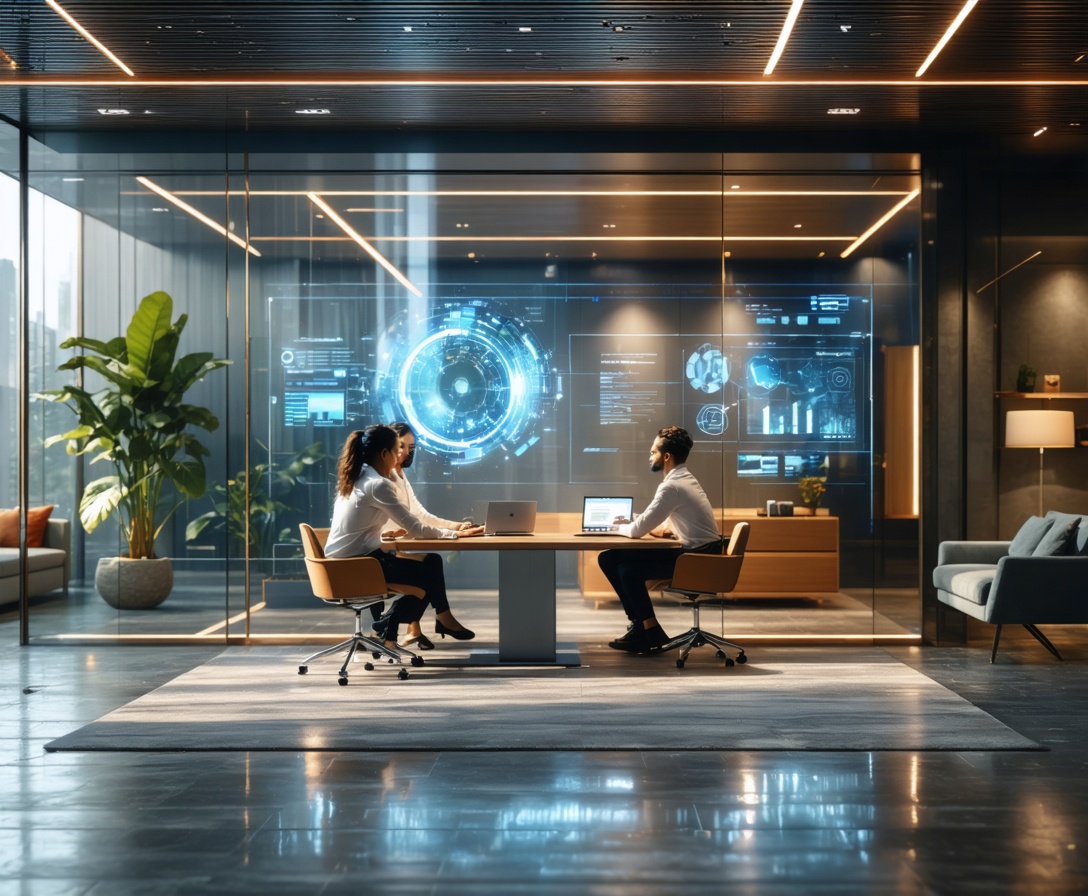 Modern minimalist office interior in Mumbai with copper lighting