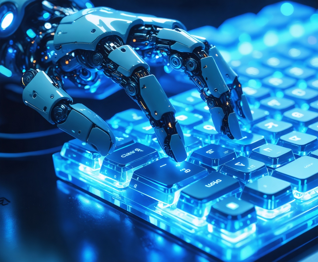 Robotic hand typing on a translucent glass keyboard