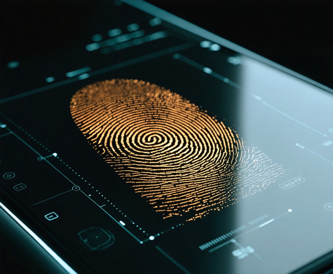 Digital fingerprint scan on a glass surface with copper light refraction