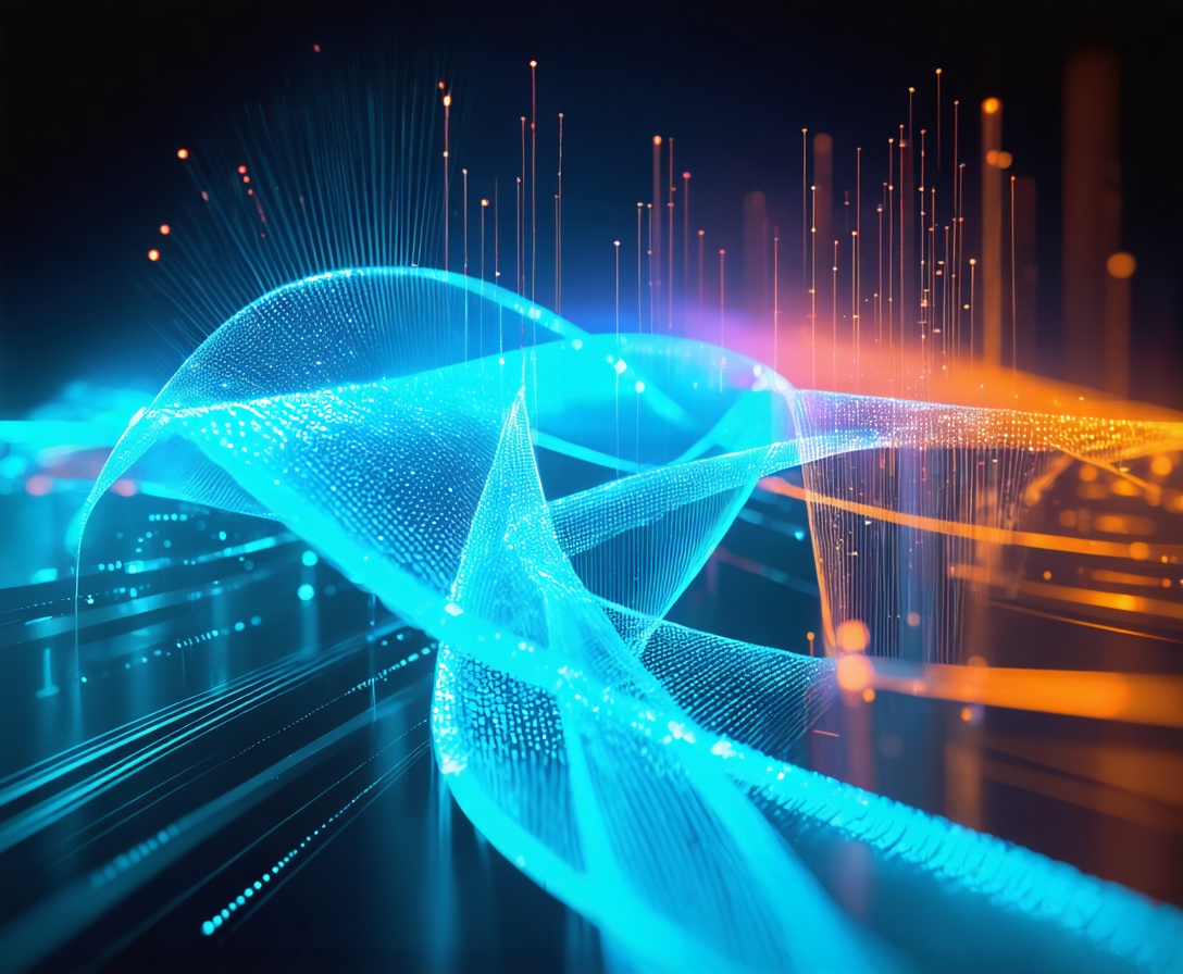 Glowing fiber optic cables weaving together to form a digital web